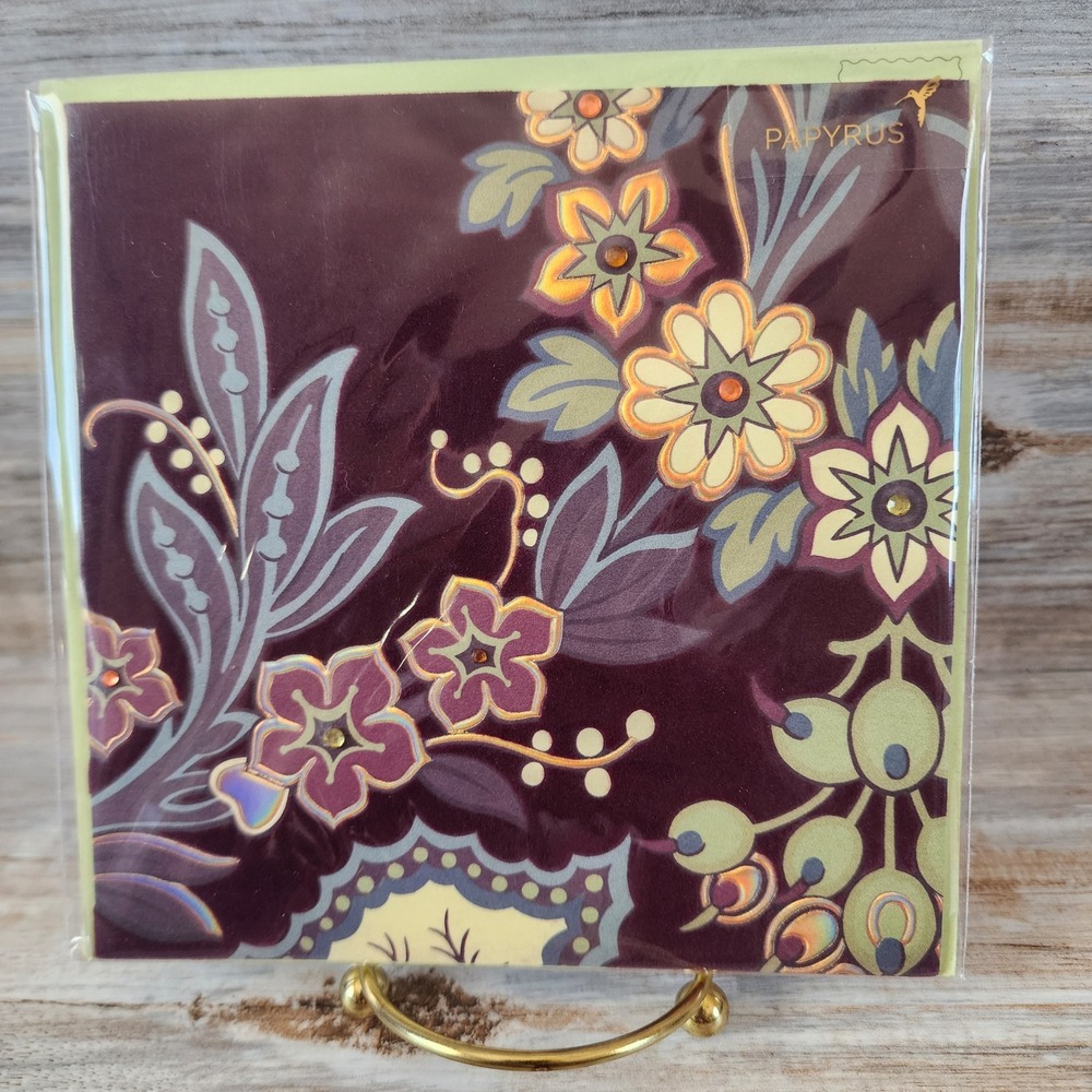 Papyrus Floral Paisley Blank Greeting Card Amanda Lewis Gems Foil Plum Green